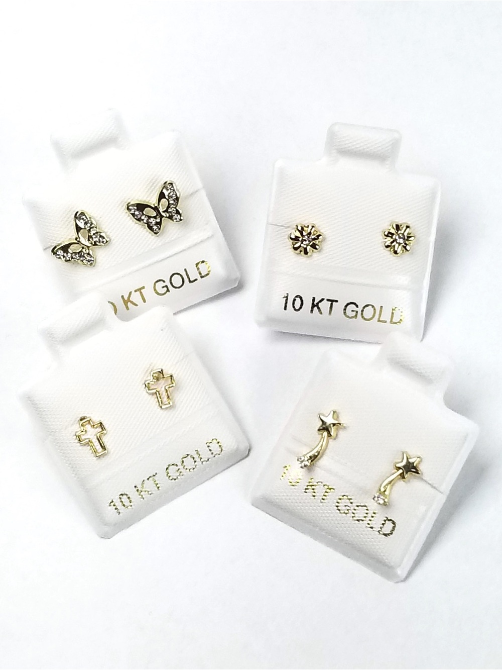 10K Gold 4 Pair Stud Earrings Crucifix Cross Flower Star Butterfly CZ Broquel